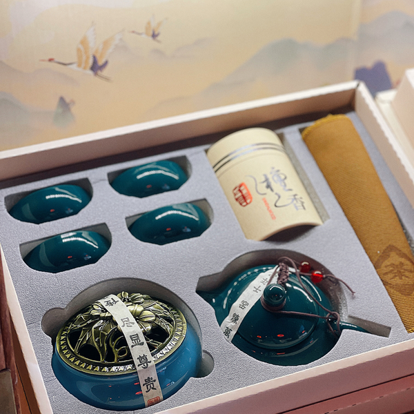 Complete Chinese Tea Ceremony Set with Teapot, Cups, and Incense Burner