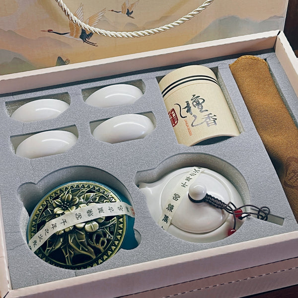 Complete Chinese Tea Ceremony Set with Teapot, Cups, and Incense Burner